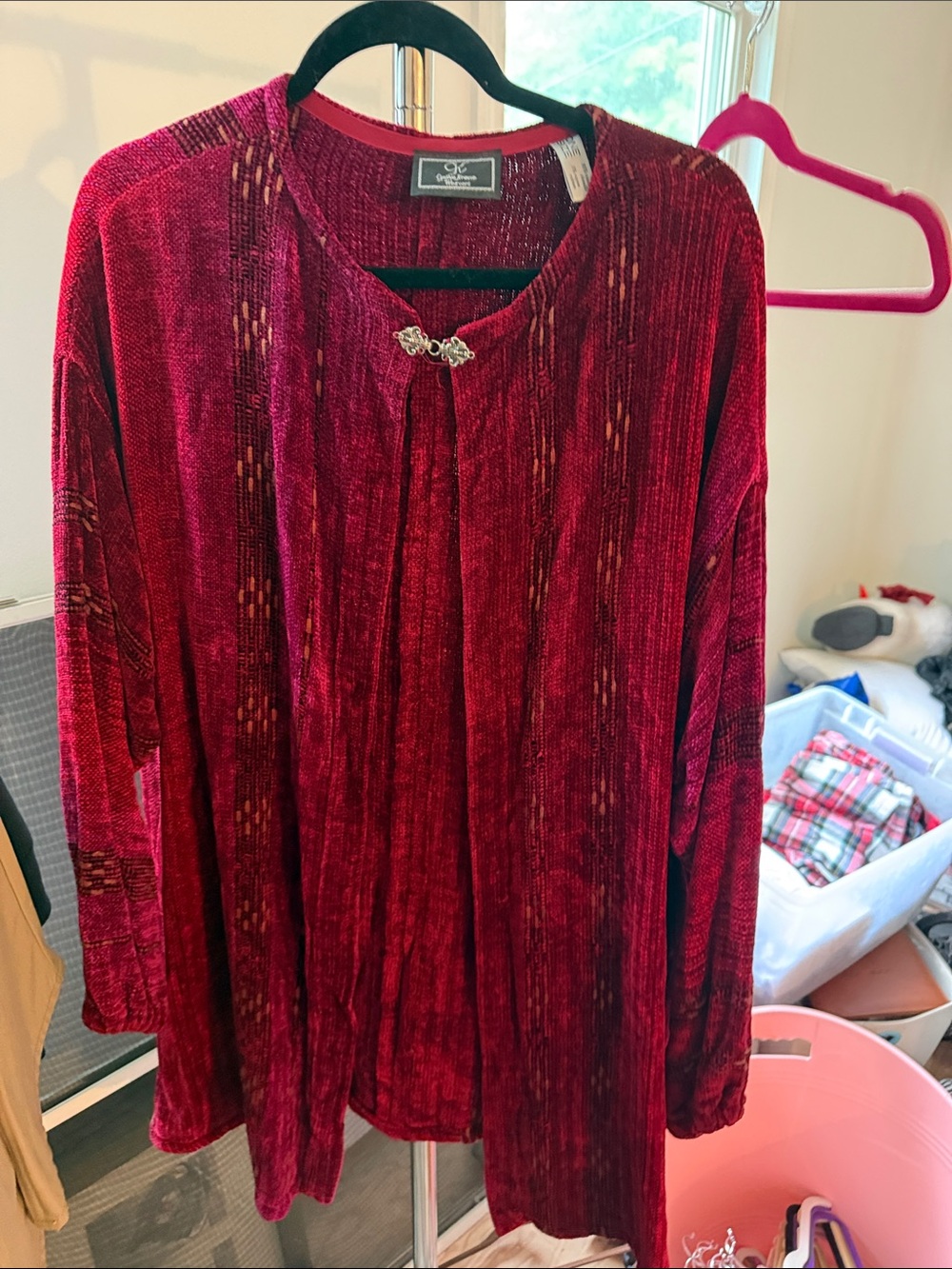 Velvet Open Front Cardigan with Decorative Clasp - Deep Red